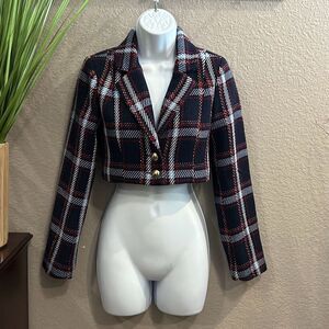 #395 forever 21 cropped lined plaid blazer size small